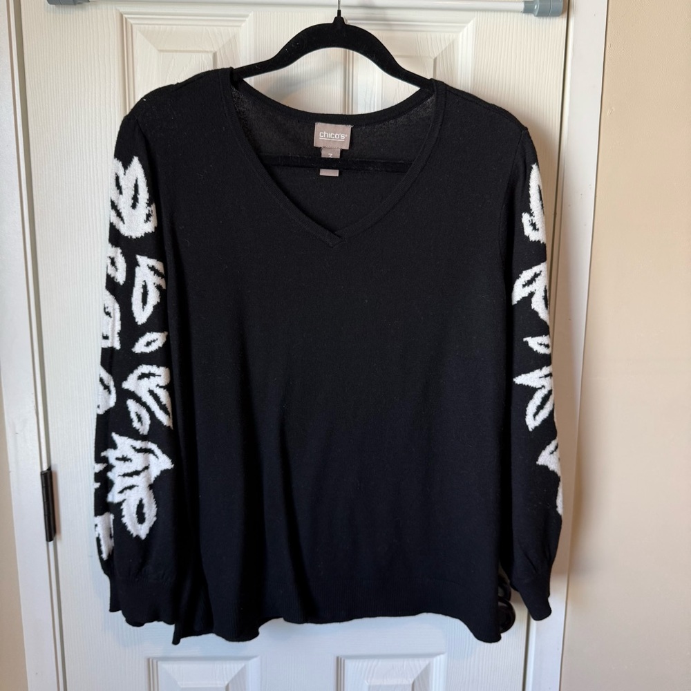 Chico's Elegant Black Top with White Leaf Sleeves